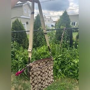Coach Tan and Brown Crossbody Bag with Signature Monogram